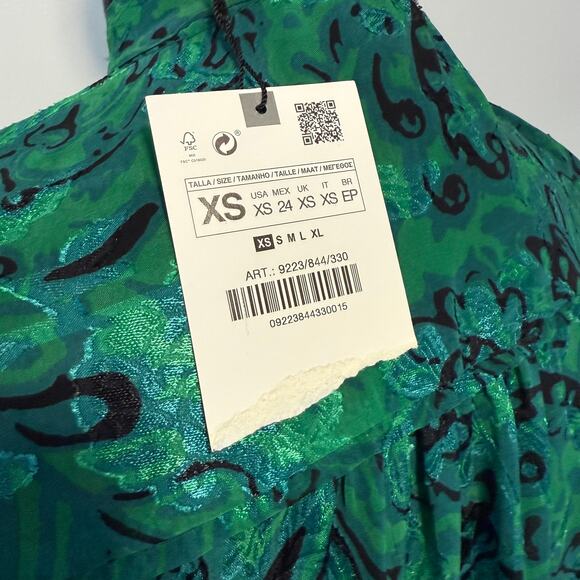 NWT Zara Green Paisley Ruffled Neck  Jacquared Long Sleeve Blouse Size XS - Picture 11 of 12
